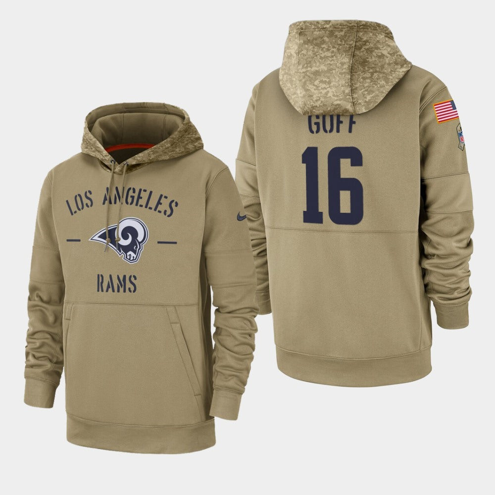 Men's Los Angeles Rams #16 Jared Goff Tan 2019 Salute to Service Sideline Therma Pullover Hoodie 