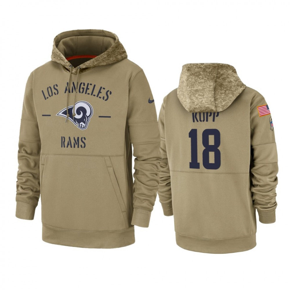 Men's Los Angeles Rams #18 Cooper Kupp Tan 2019 Salute to Service Sideline Therma Pullover Hoodie 