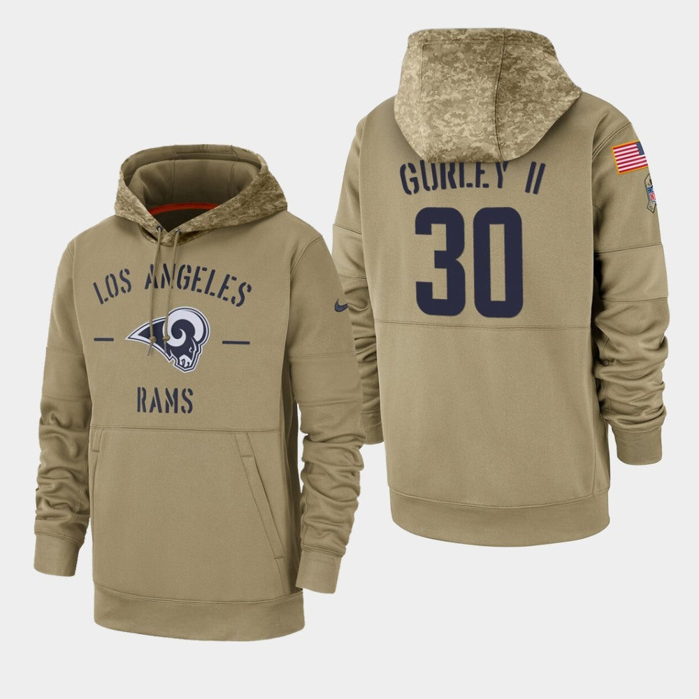 Men's Los Angeles Rams #30 Todd Gurley II Tan 2019 Salute to Service Sideline Therma Pullover Hoodie 