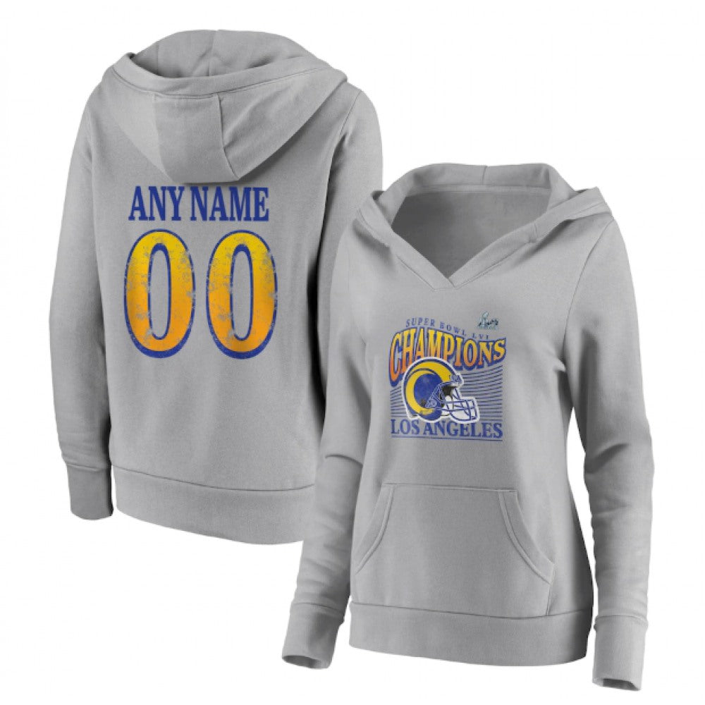 Women's Los Angeles Rams Custom 2022 Gray Super Bowl LVI Champions Personalized Retro Pullover Hoodie(Run Small) 