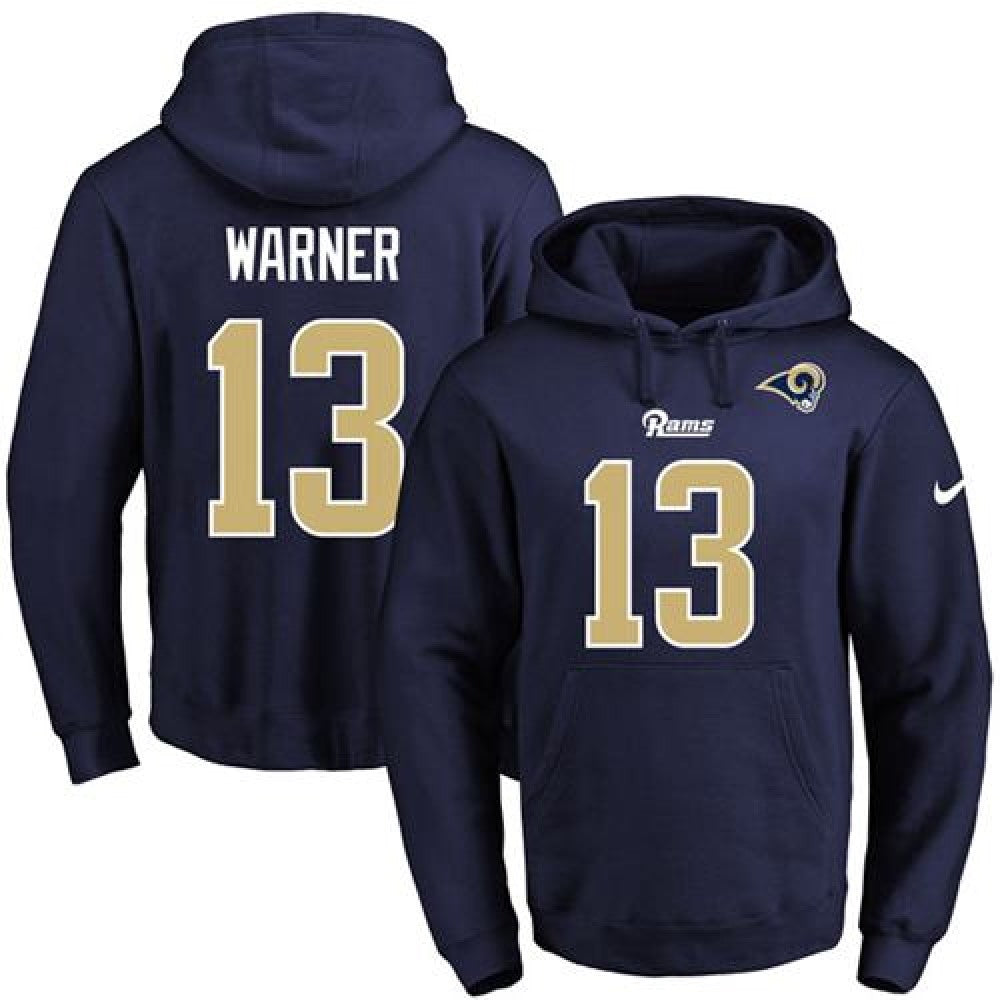 Rams #13 Kurt Warner Navy Blue Name & Number Pullover NFL Hoodie 