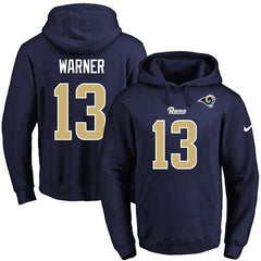Rams #13 Kurt Warner Navy Blue Name & Number Pullover NFL Hoodie 