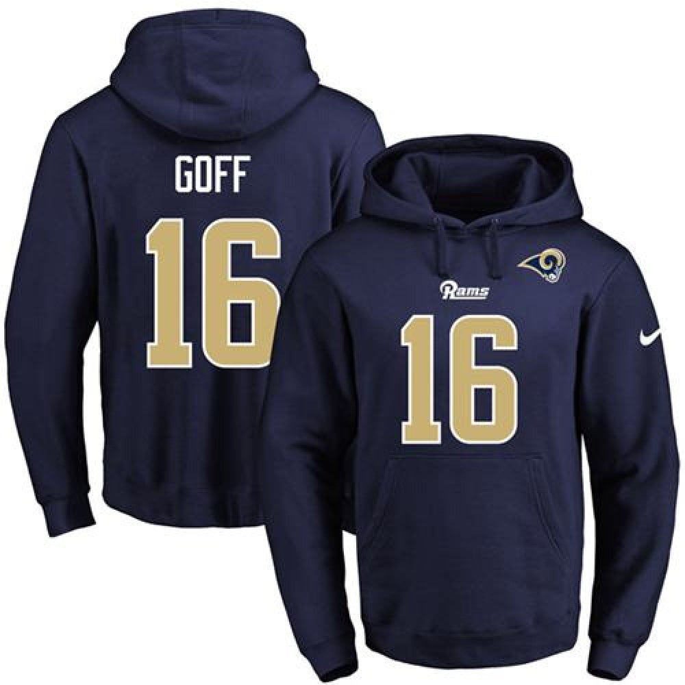Rams #16 Jared Goff Navy Blue Name & Number Pullover NFL Hoodie 