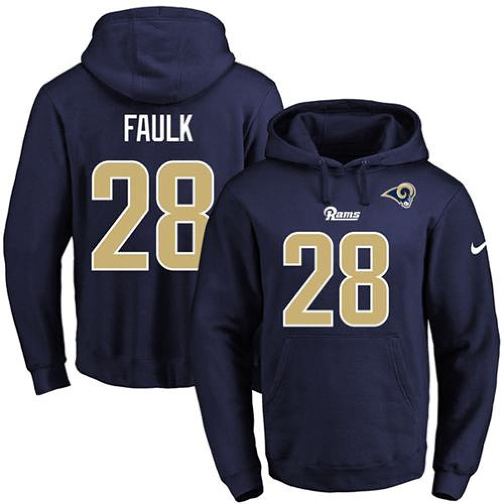 Rams #28 Marshall Faulk Navy Blue Name & Number Pullover NFL Hoodie 