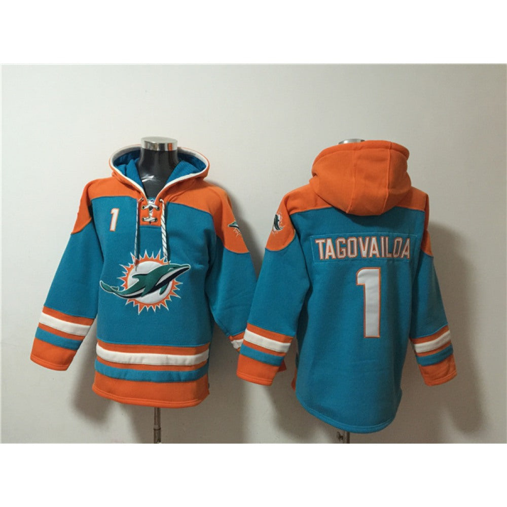 Men's Miami Dolphins #1 Tua Tagovailoa Aqua Lace-Up Pullover Hoodie 