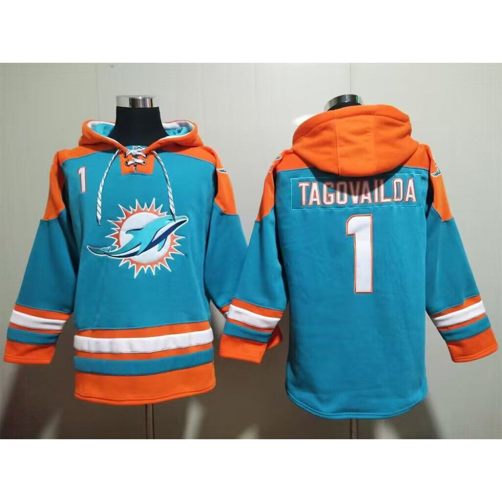 Men's Miami Dolphins #1 Tua Tagovailoa Aqua Lace-Up Pullover Hoodie 