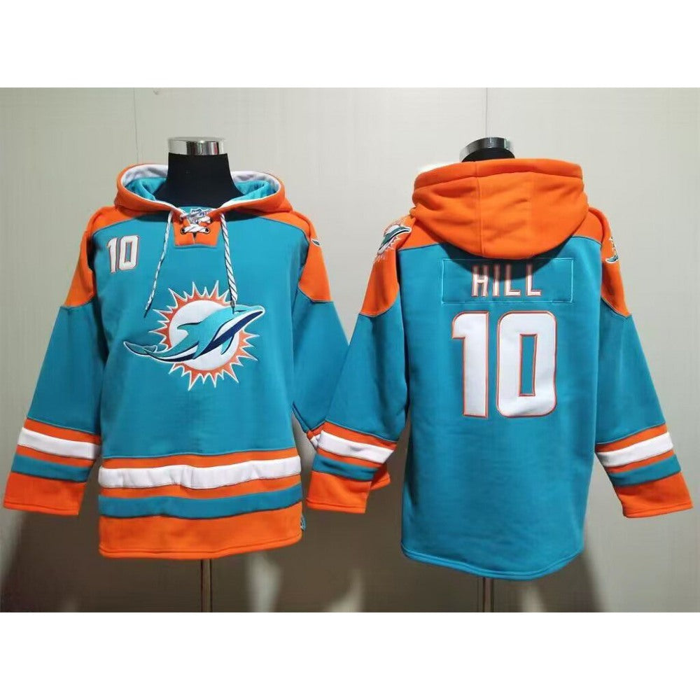Men's Miami Dolphins #10 Tyreek Hill Aqua Lace-Up Pullover Hoodie 