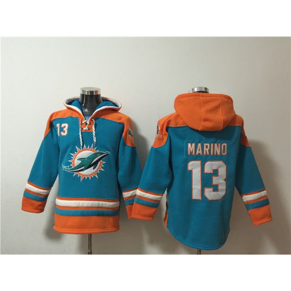 Men's Miami Dolphins #13 Dan Marino Aqua Ageless Must-Have Lace-Up Pullover Hoodie 