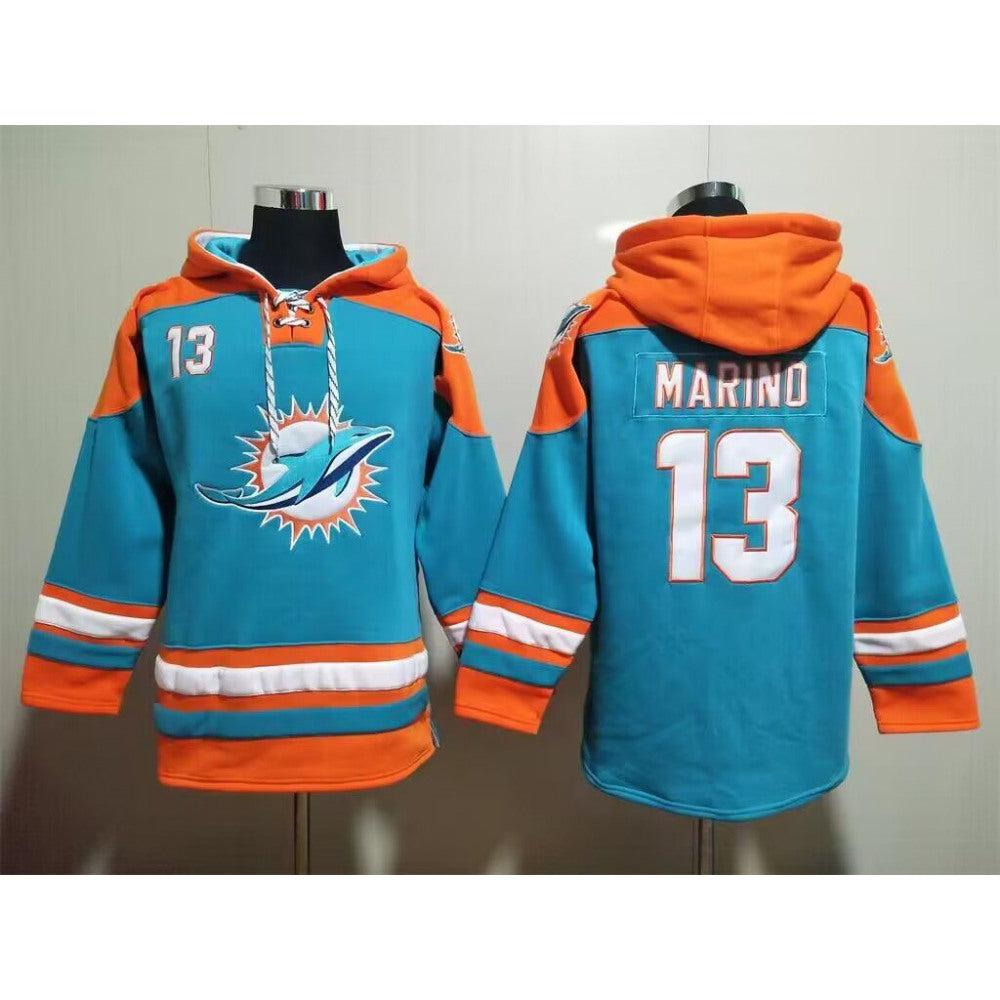 Men's Miami Dolphins #13 Dan Marino Aqua Lace-Up Pullover Hoodie 