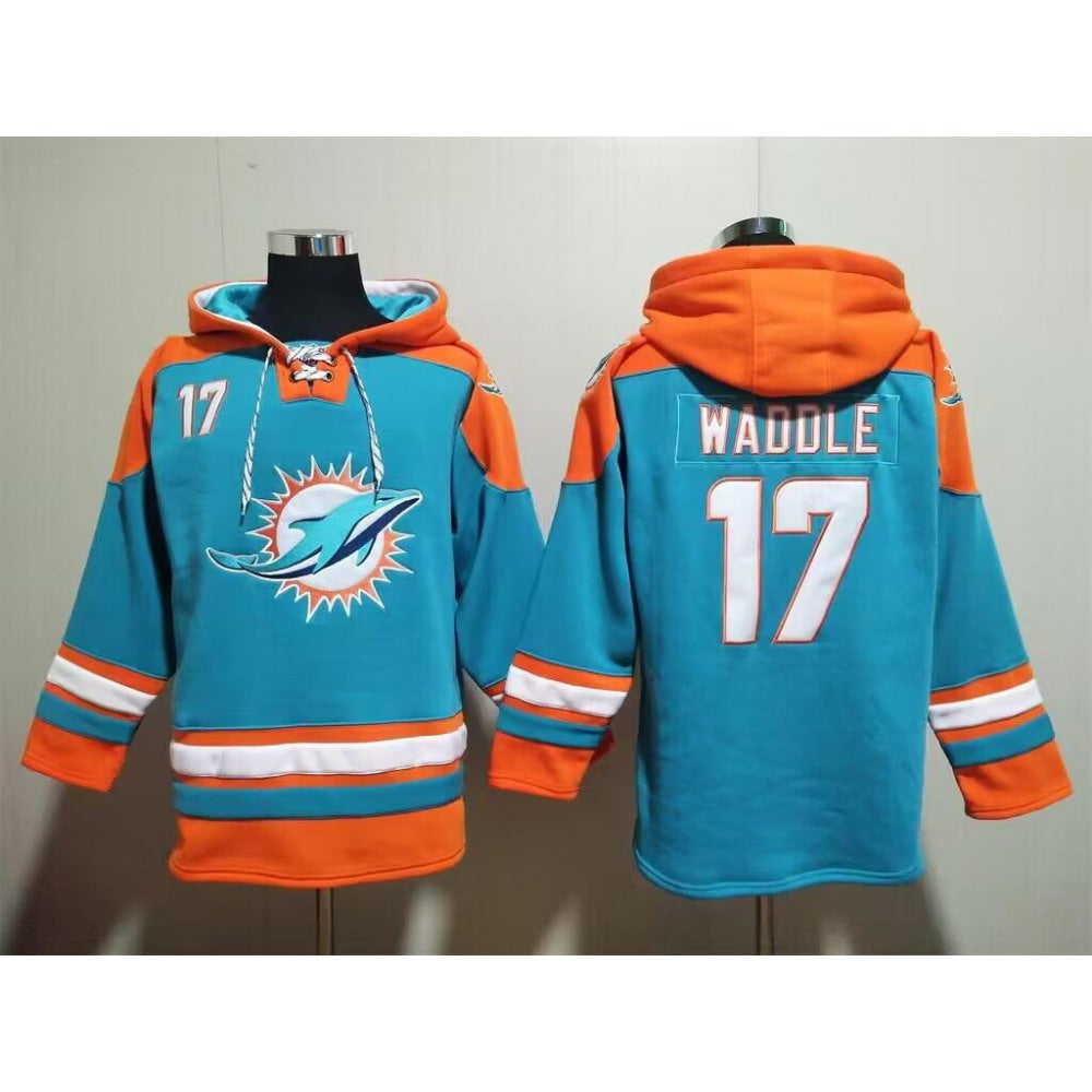 Men's Miami Dolphins #17 Jaylen Waddle Aqua Lace-Up Pullover Hoodie 