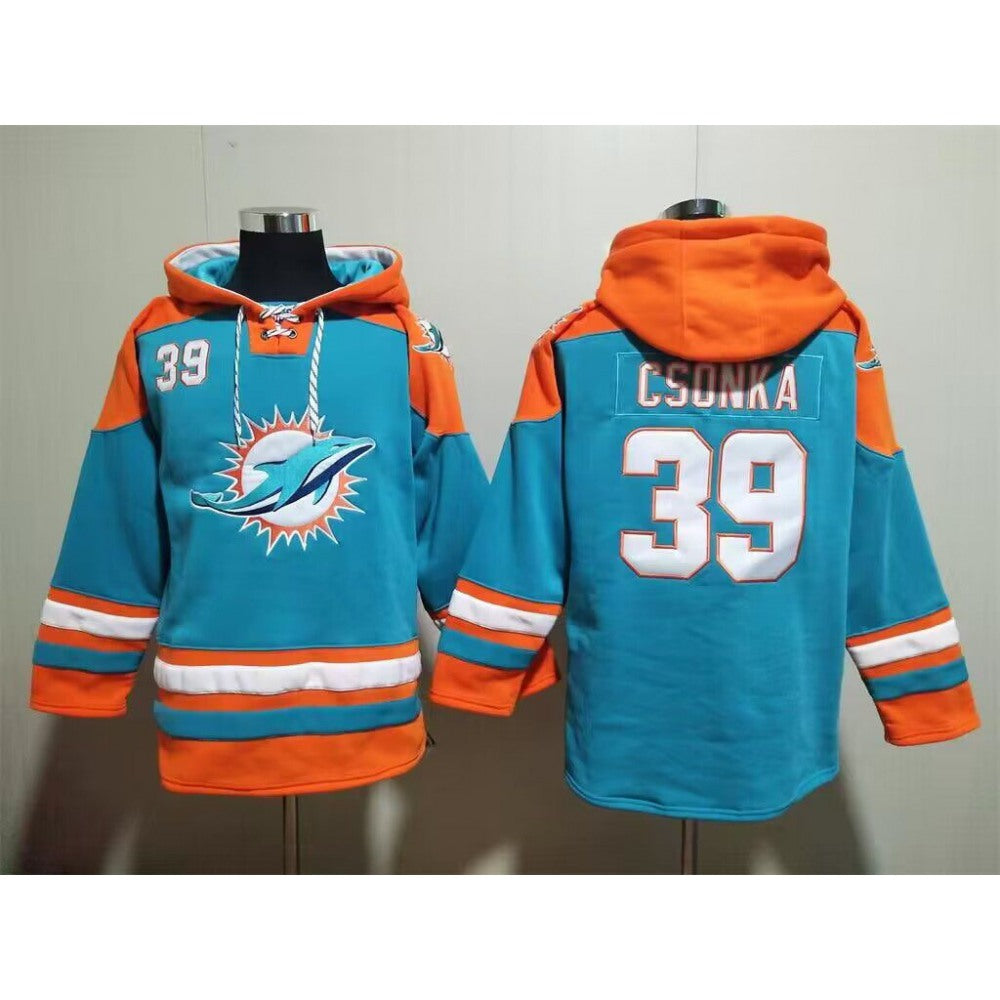 Men's Miami Dolphins #39 Larry Csonka Aqua Lace-Up Pullover Hoodie 