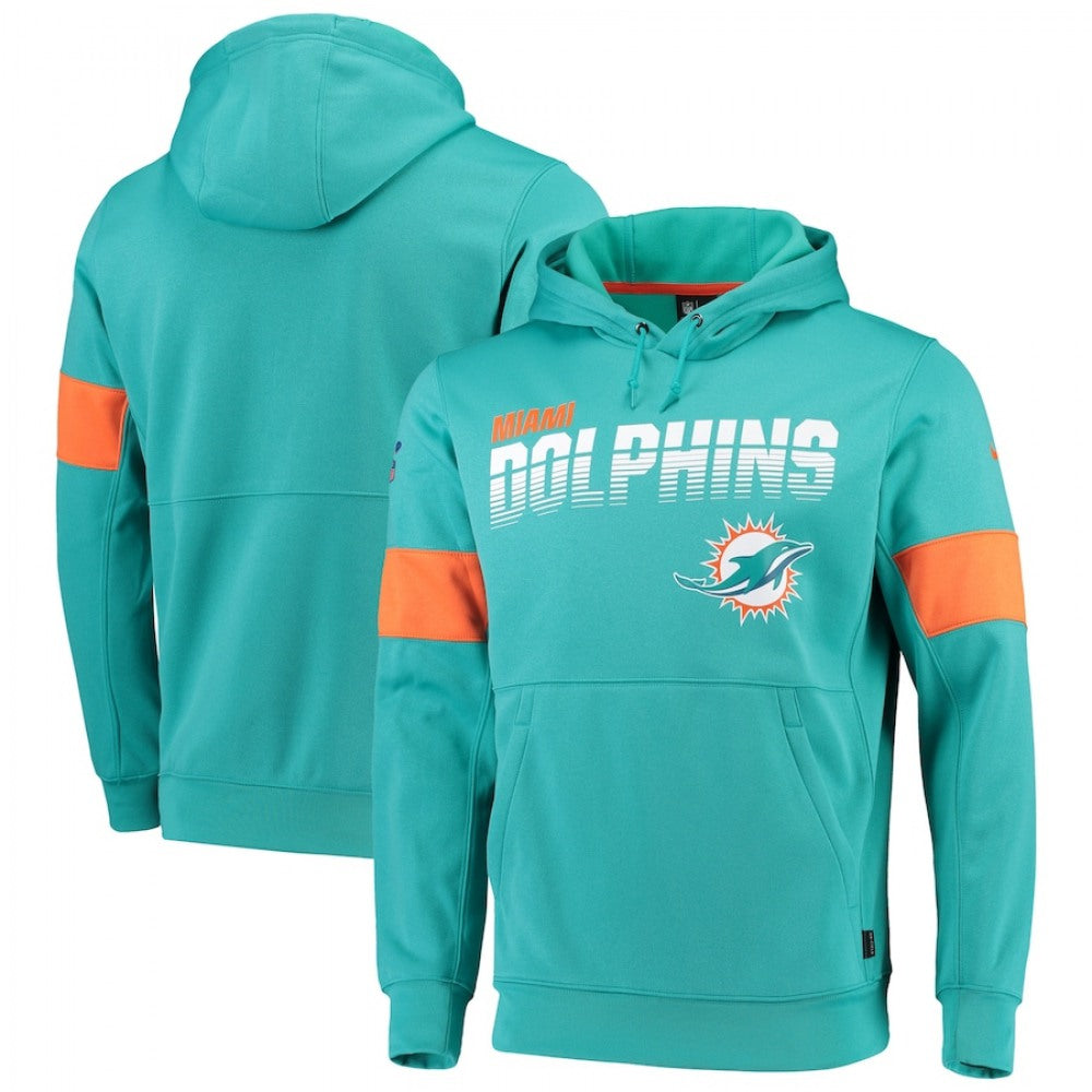 Men's Miami Dolphins 2019 Aqua 100th Season Sideline Team Logo Performance Pullover NFL Hoodie 