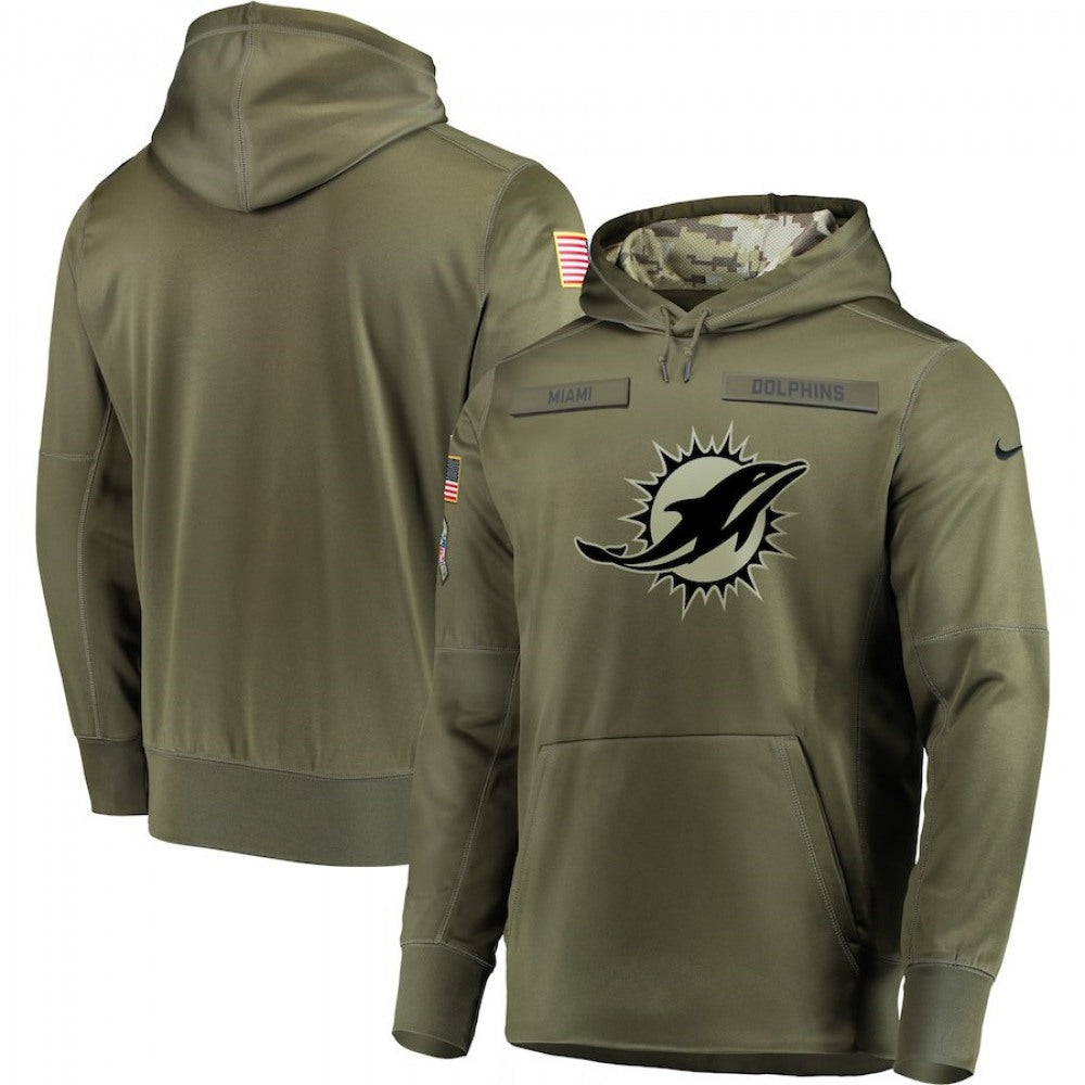 Men's Miami Dolphins 2018 Olive Salute to Service Sideline Therma Performance Pullover Stitched Hoodie 