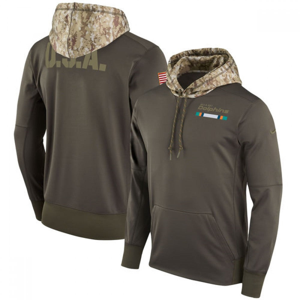 Men's Miami Dolphins Olive Salute to Service Sideline Therma Pullover Hoodie 