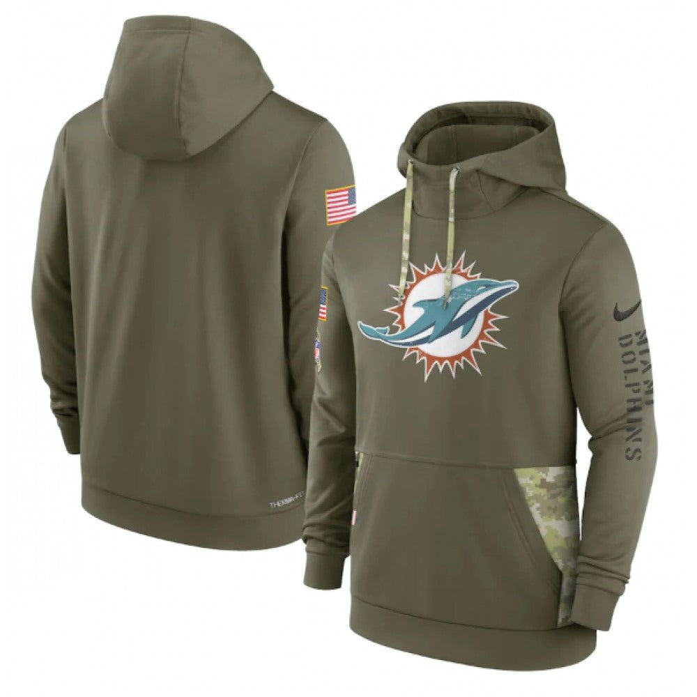Men's Miami Dolphins 2022 Olive Salute to Service Therma Performance Pullover Hoodie 