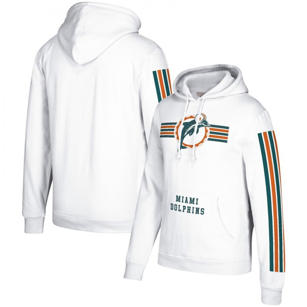 Men's Miami DolphinsMiami Dolphins 2019 White Mitchell & Ness Three Stripe Pullover Hoodie 