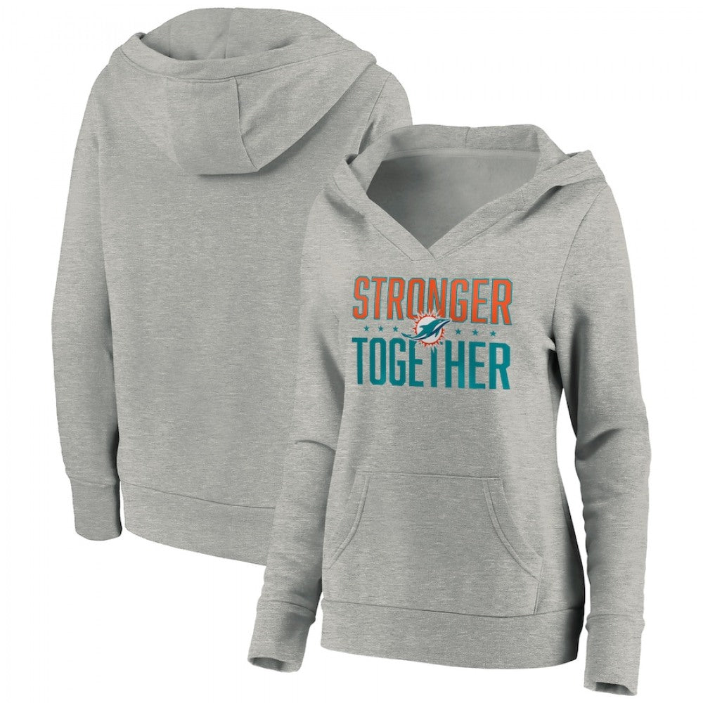 Women's Miami Dolphins Heather Gray Stronger Together Crossover Neck Pullover Hoodie(Run Small) 
