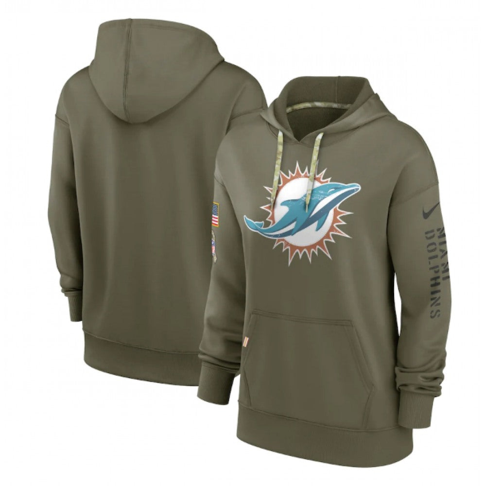 Women's Miami Dolphins 2022 Olive Salute to Service Therma Performance Pullover Hoodie(Run Small) 