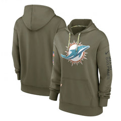 Women's Miami Dolphins 2022 Olive Salute to Service Therma Performance Pullover Hoodie(Run Small) 