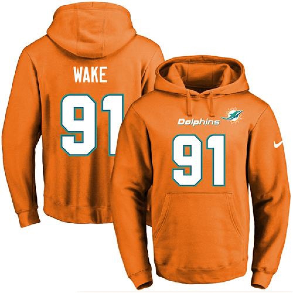 Dolphins #91 Cameron Wake Orange Name & Number Pullover NFL Hoodie 