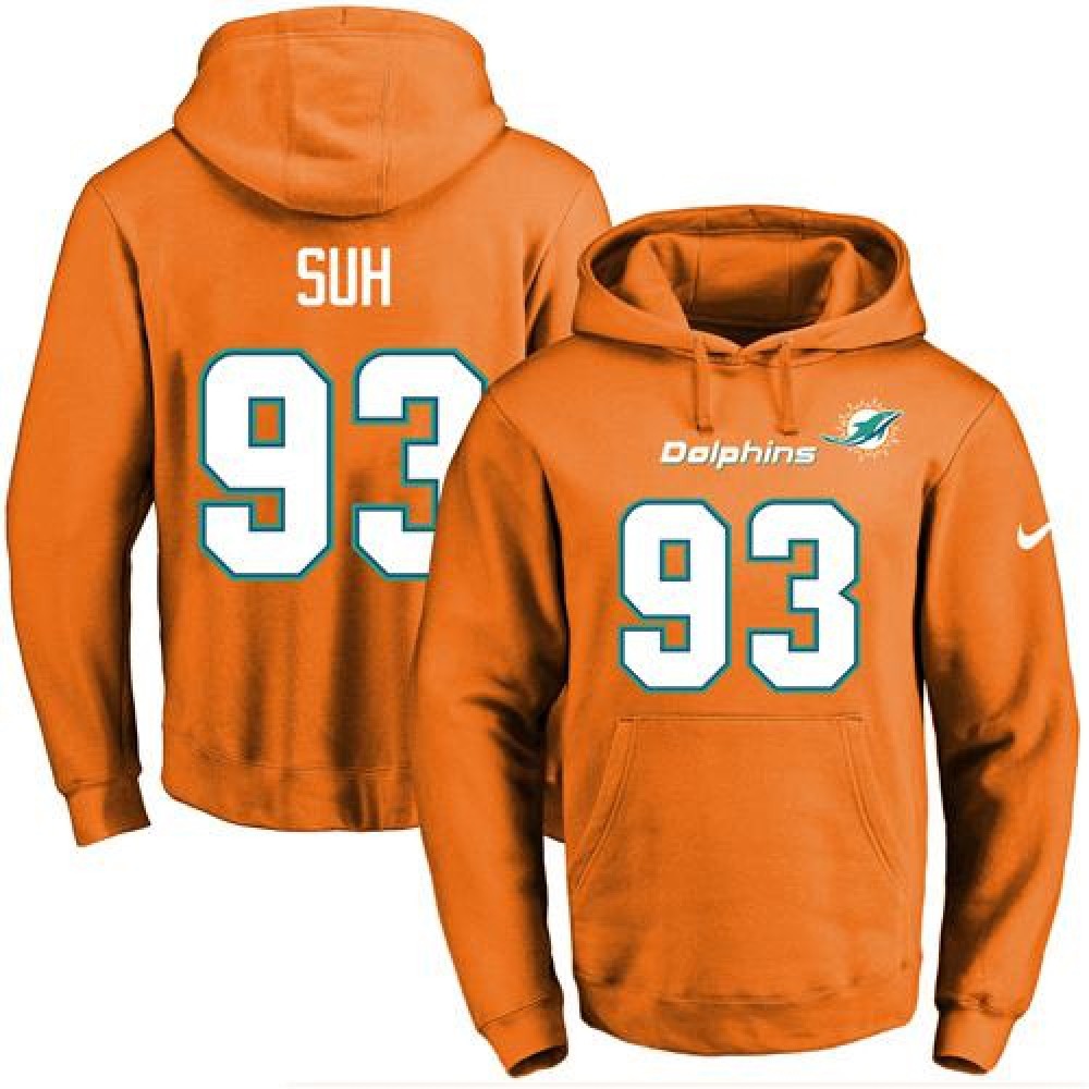 Dolphins #93 Ndamukong Suh Orange Name & Number Pullover NFL Hoodie 