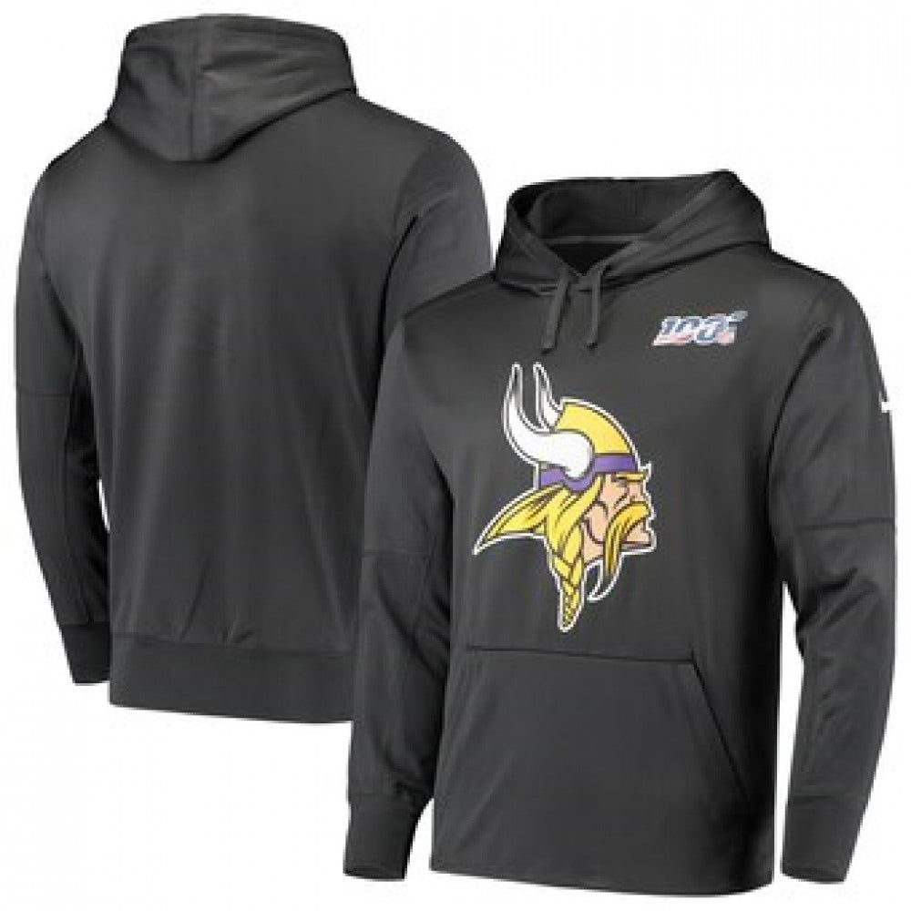 Men's Minnesota Vikings Anthracite 100th Season Primary Logo Circuit Performance Pullover Hoodie 