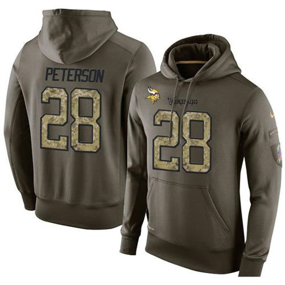 NFL Men's Minnesota Vikings #28 Adrian Peterson Stitched Green Olive Salute To Service KO Performance Hoodie 