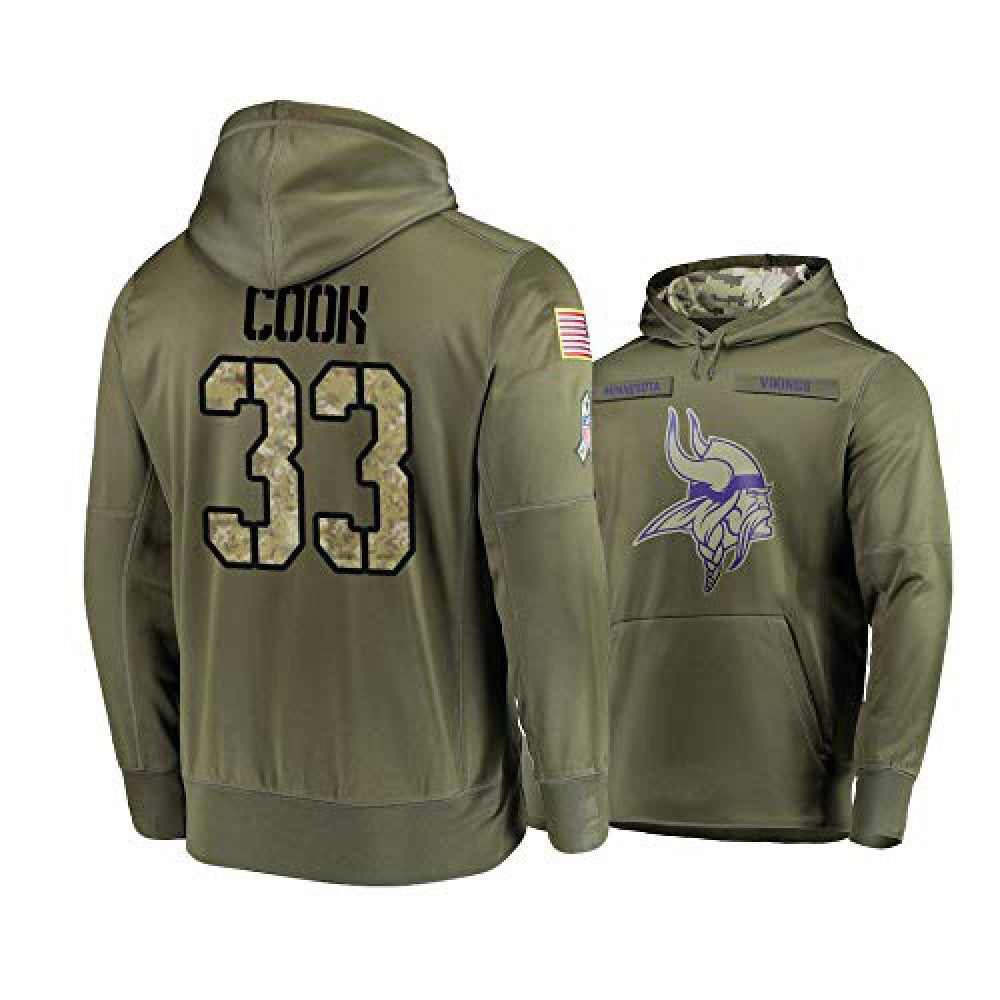 Men's Minnesota Vikings #33 Dalvin Cook 2019 Olive Salute To Service Sideline Therma Performance Pullover Hoodie 
