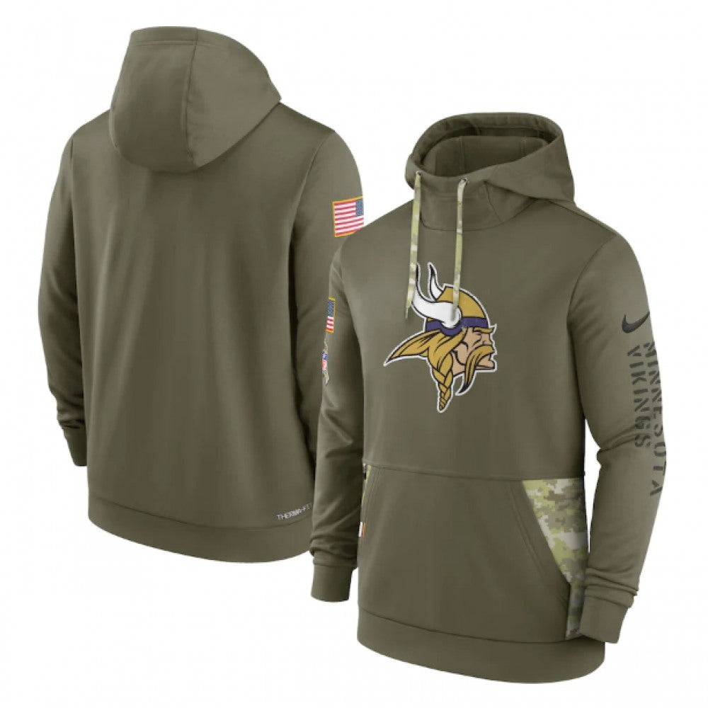 Men's Minnesota Vikings 2022 Olive Salute to Service Therma Performance Pullover Hoodie 