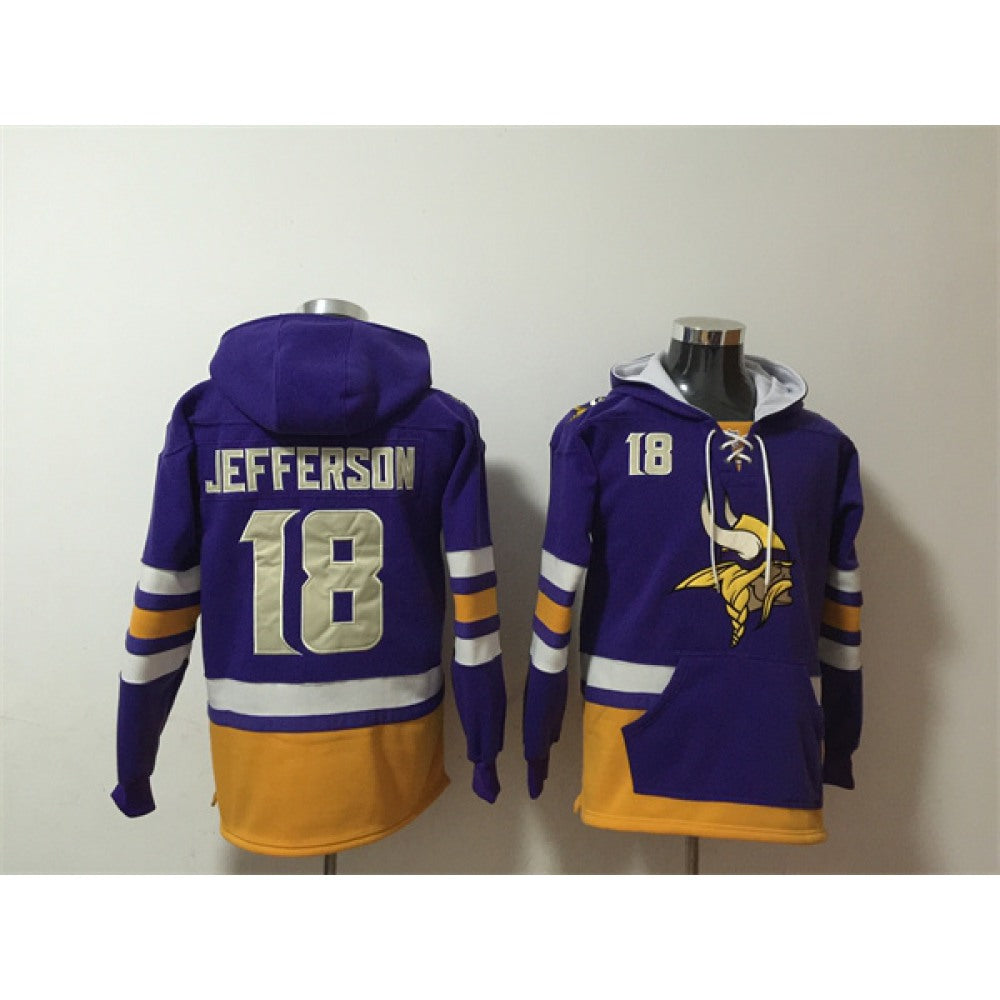 Men's Minnesota Vikings #18 Justin Jefferson Purple Ageless Must-Have Lace-Up Pullover Hoodie 