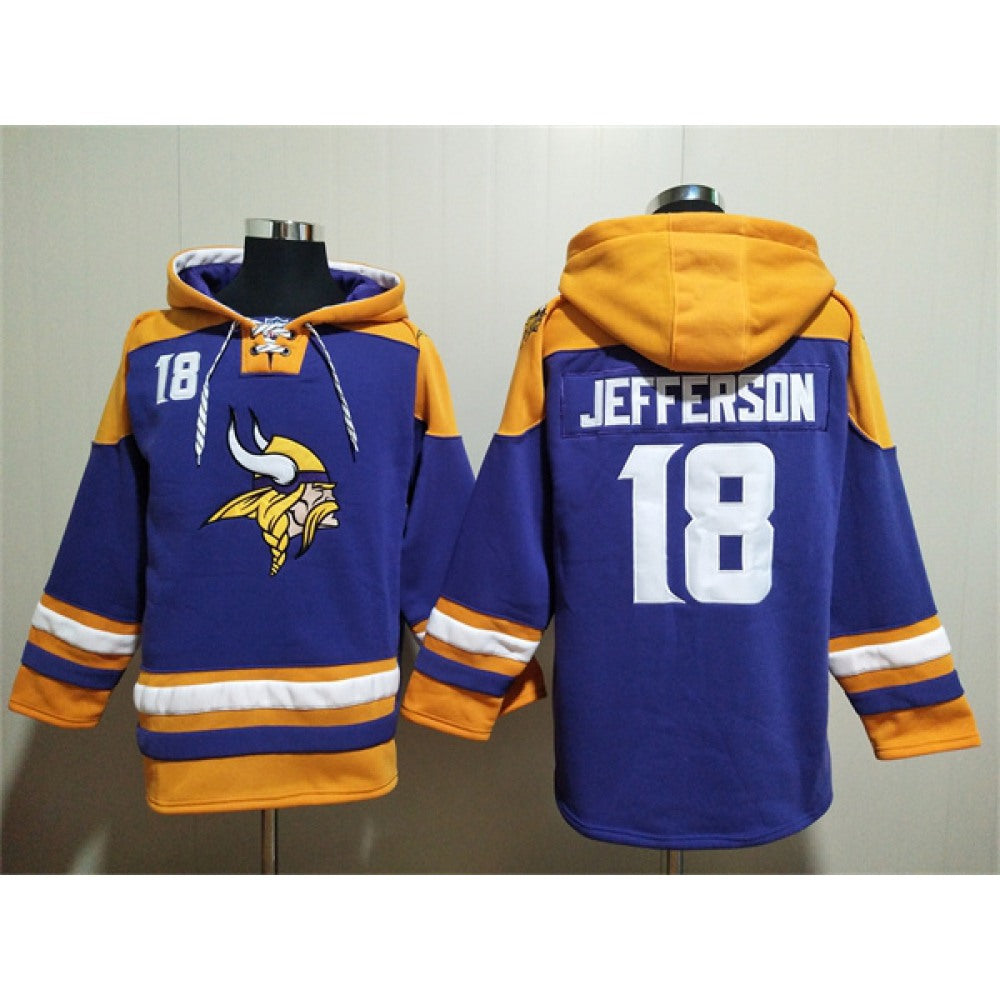 Men's Minnesota Vikings #18 Justin Jefferson Purple/Yellow Ageless Must-Have Lace-Up Pullover Hoodie 