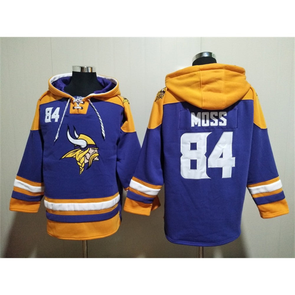 Men's Minnesota Vikings #84 Randy Moss Purple/Yellow Ageless Must-Have Lace-Up Pullover Hoodie 