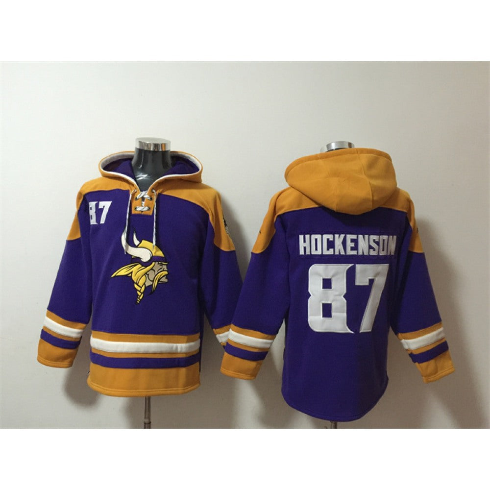 Men's Minnesota Vikings #87 T.J. Hockenson Purple/Yellow Ageless Must-Have Lace-Up Pullover Hoodie 