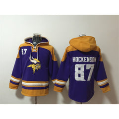 Men's Minnesota Vikings #87 T.J. Hockenson Purple/Yellow Ageless Must-Have Lace-Up Pullover Hoodie 