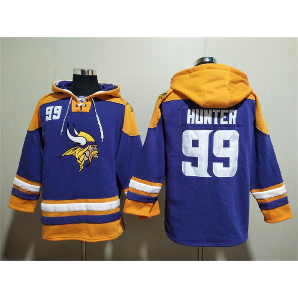 Men's Minnesota Vikings #99 Danielle Hunter Purple/Yellow Ageless Must-Have Lace-Up Pullover Hoodie 