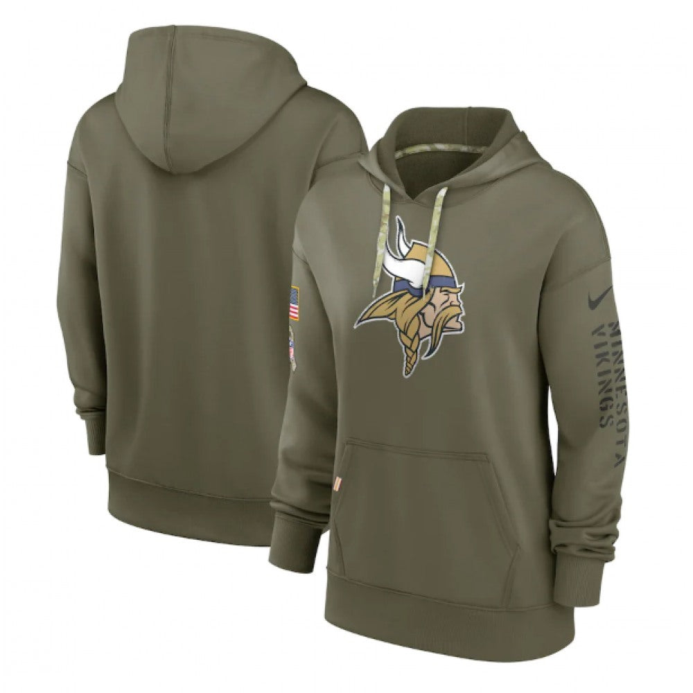 Women's Minnesota Vikings 2022 Olive Salute to Service Therma Performance Pullover Hoodie(Run Small) 