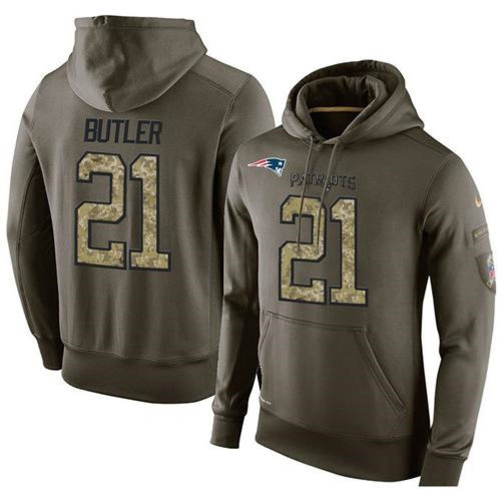 NFL Men's New England Patriots #21 Malcolm Butler Stitched Green Olive Salute To Service KO Performance Hoodie 