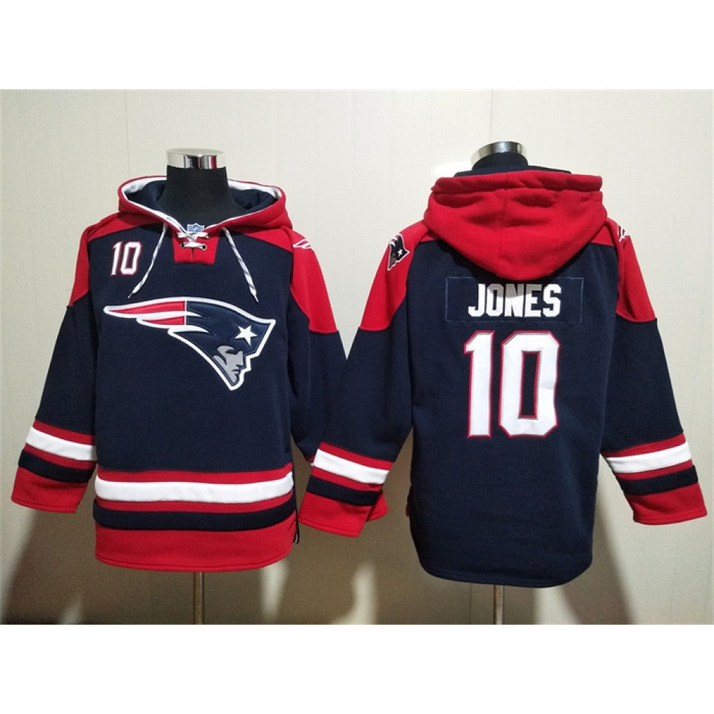 Men's New England Patriots #10 Mac Jones Navy Ageless Must-Have Lace-Up Pullover Hoodie 