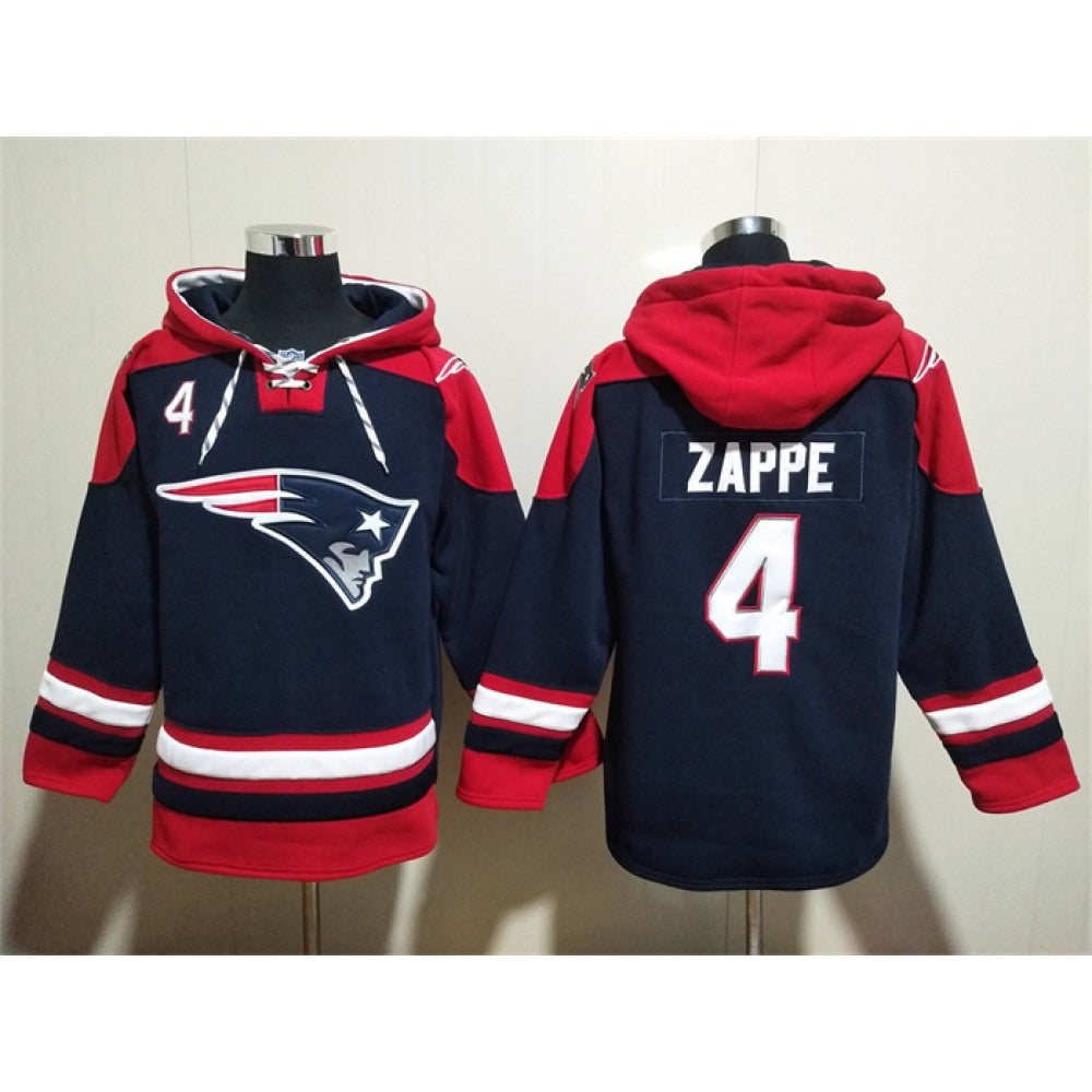 Men's New England Patriots #4 Bailey Zappe Navy Ageless Must-Have Lace-Up Pullover Hoodie 
