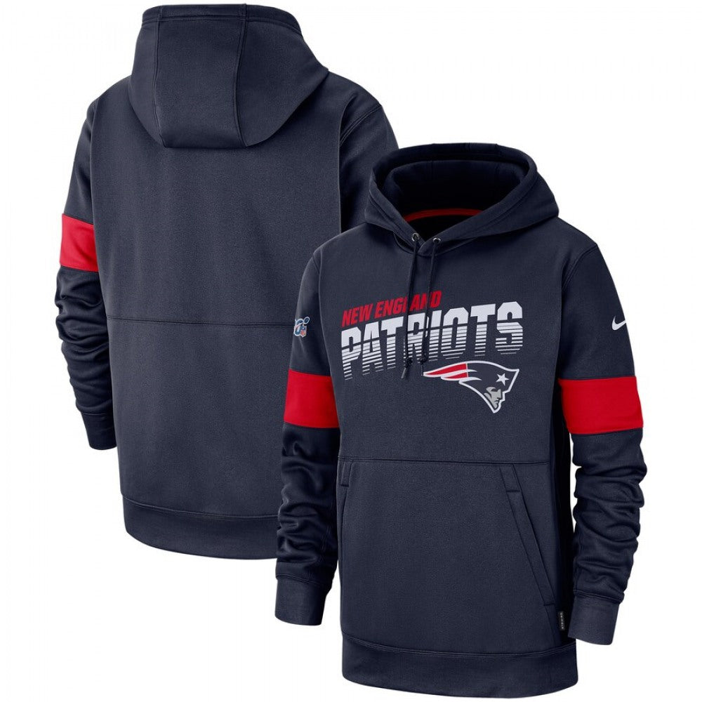 Men's New England Patriots 2019 Navy 100th Season Sideline Team Logo Performance Pullover Hoodie 
