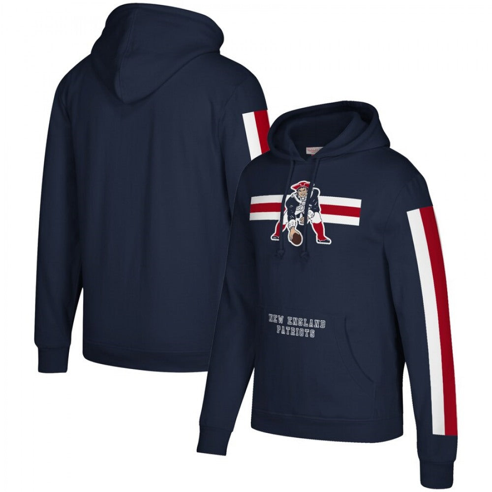 Men's New England Patriots 2019 Navy Mitchell & Ness Three Stripe Pullover Hoodie 