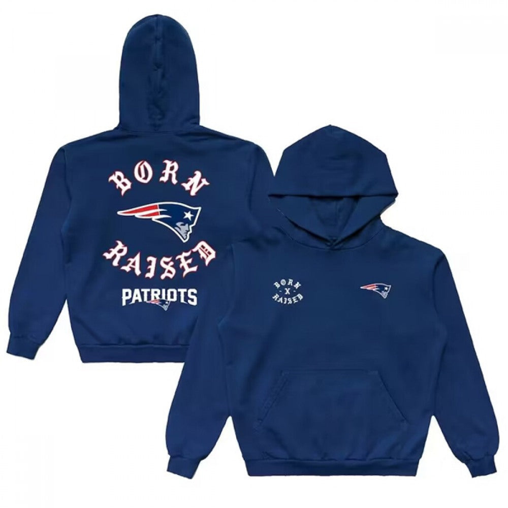 Men's New England Patriots Navy Born x Raised Pullover Hoodie 