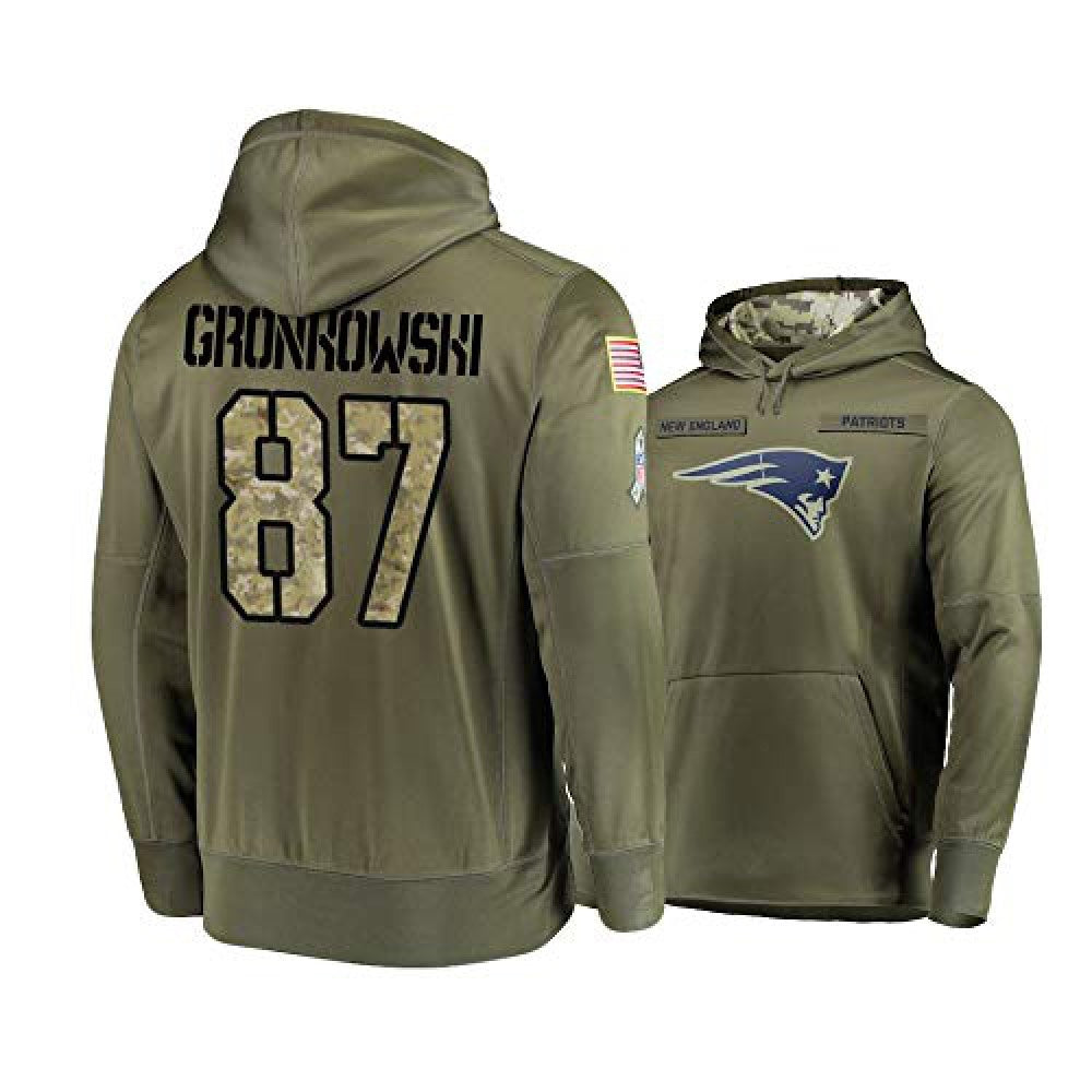 Men's New England Patriots #87 Rob Gronkowski 2019 Olive Salute To Service Sideline Therma Performance Pullover Hoodie 