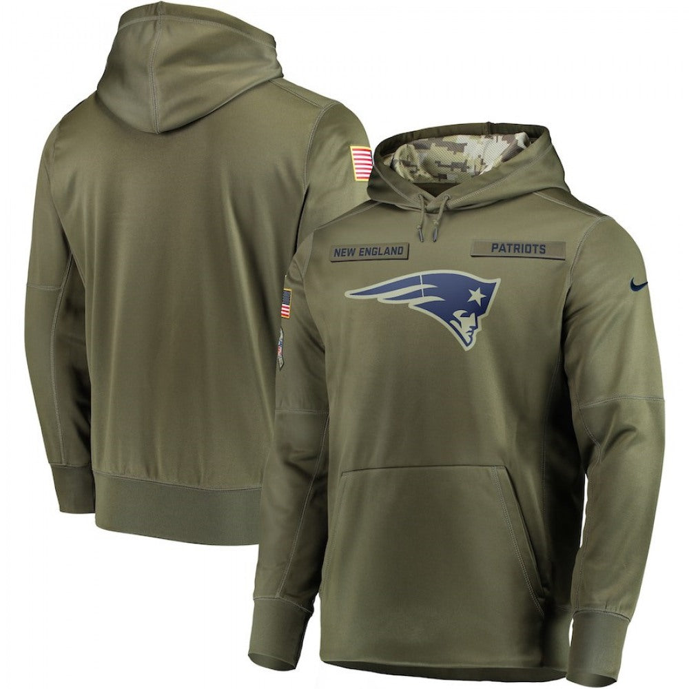 Men's New England Patriots 2018 Olive Salute to Service Sideline Therma Performance Pullover Stitched NFL Hoodie 