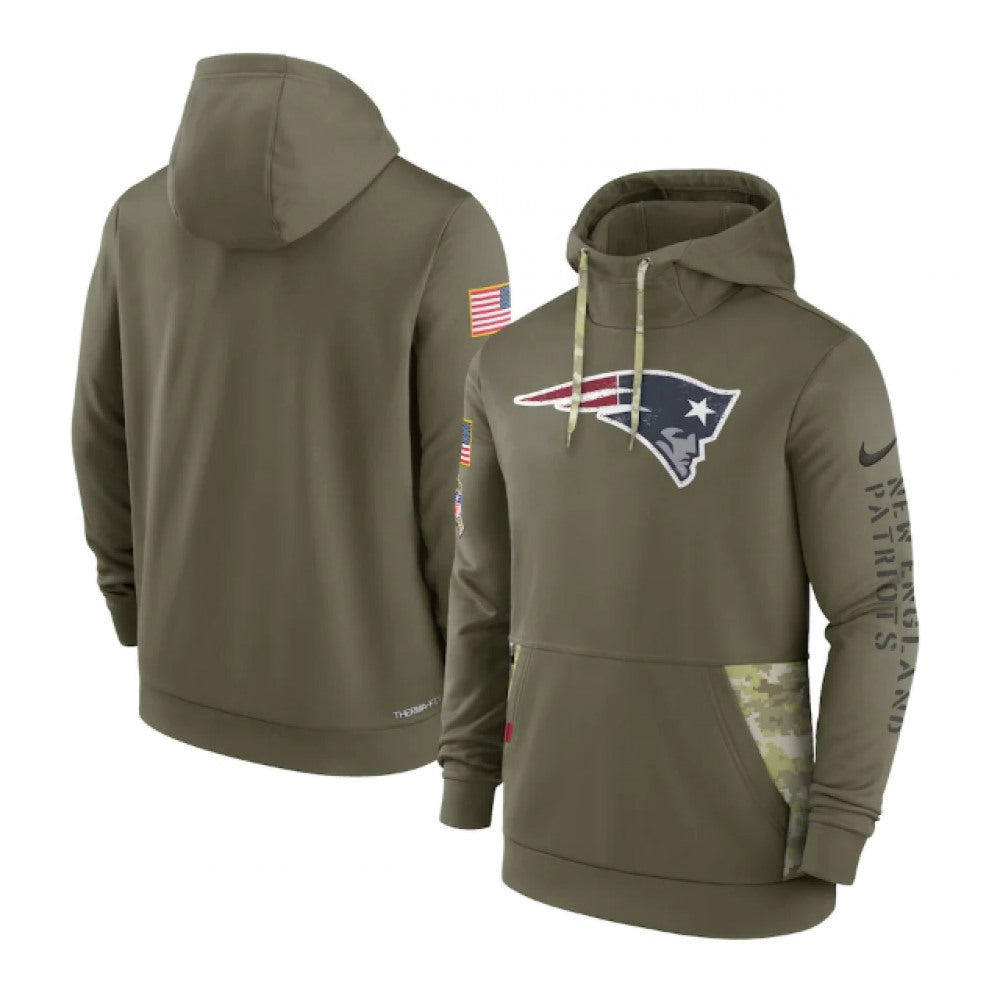 Men's New England Patriots 2022 Olive Salute to Service Therma Performance Pullover Hoodie 