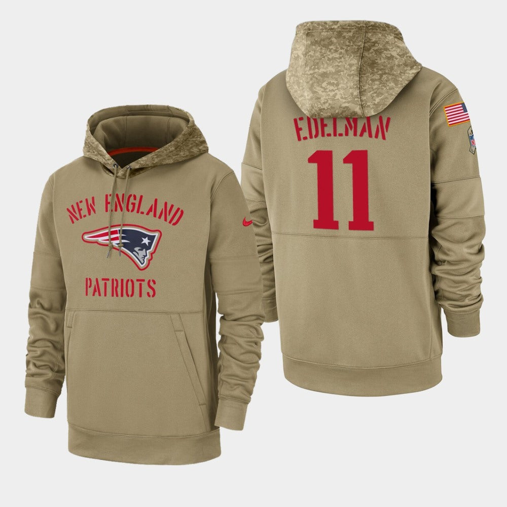 Men's New England Patriots #11 Julian Edelman Tan 2019 Salute to Service Sideline Therma Pullover Hoodie 