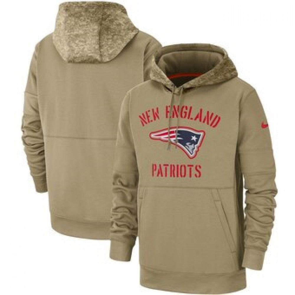 Men's New England Patriots Tan 2019 Salute to Service Sideline Therma Pullover Hoodie 