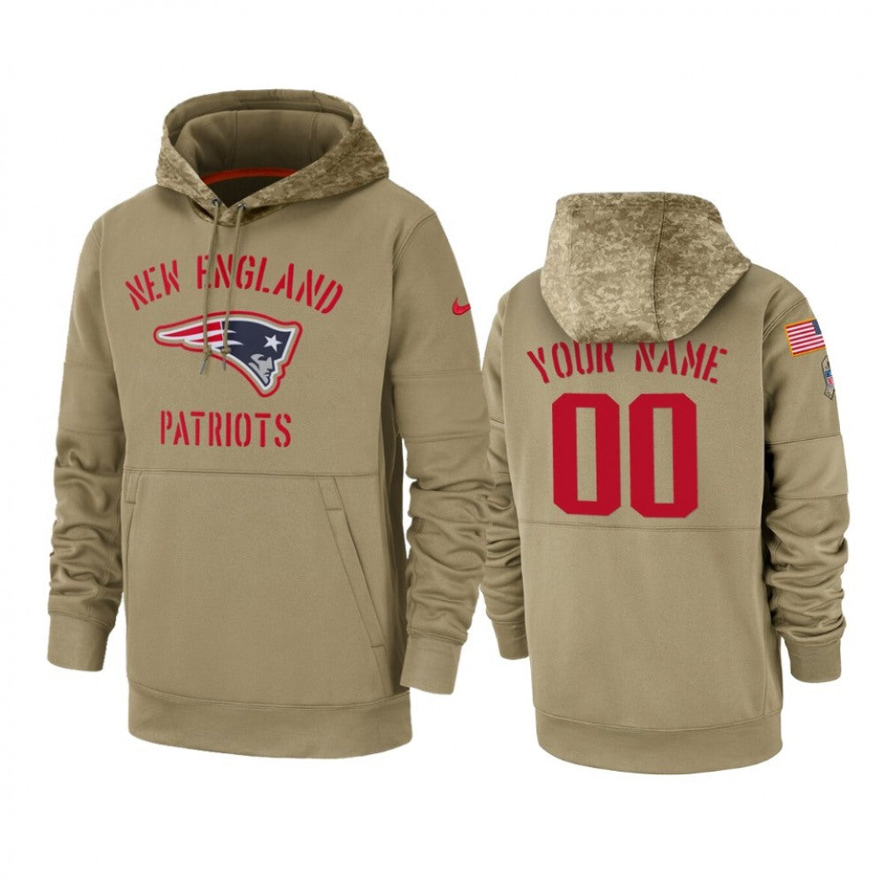 Men's New England Patriots Customized Tan 2019 Salute to Service Sideline Therma Pullover Hoodie 