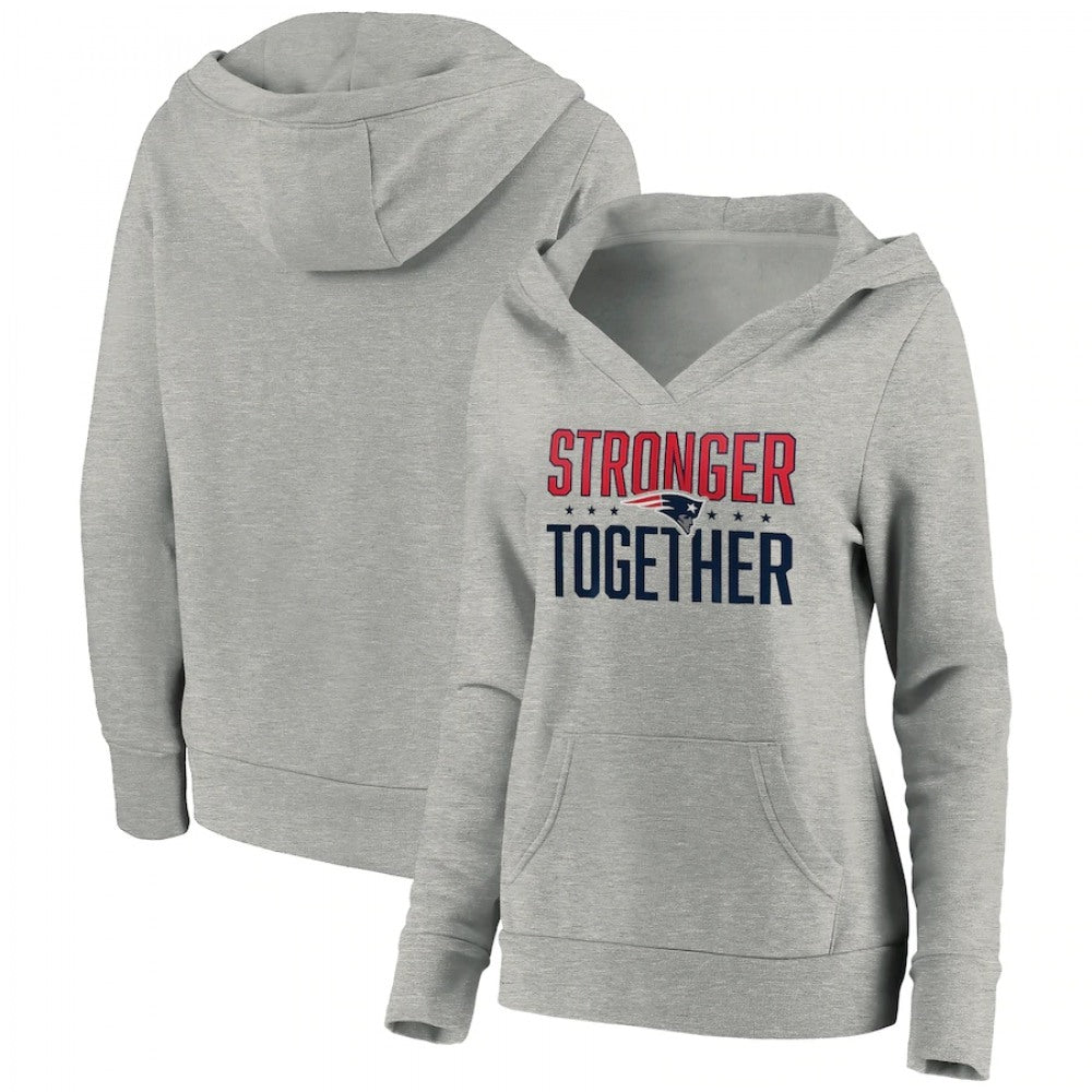 Women's New England Patriots Heather Gray Stronger Together Crossover Neck Pullover Hoodie(Run Small) 