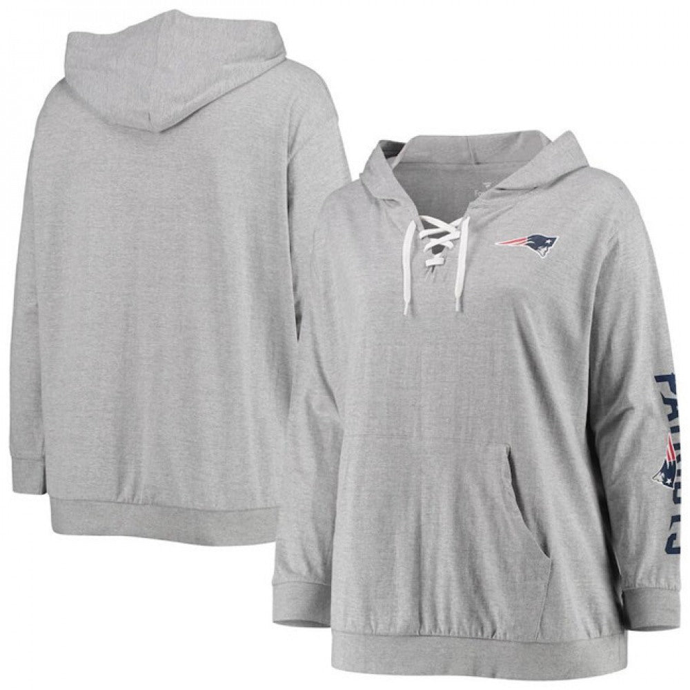 Women's New England Patriots Heathered Gray Lace-Up Pullover Hoodie 